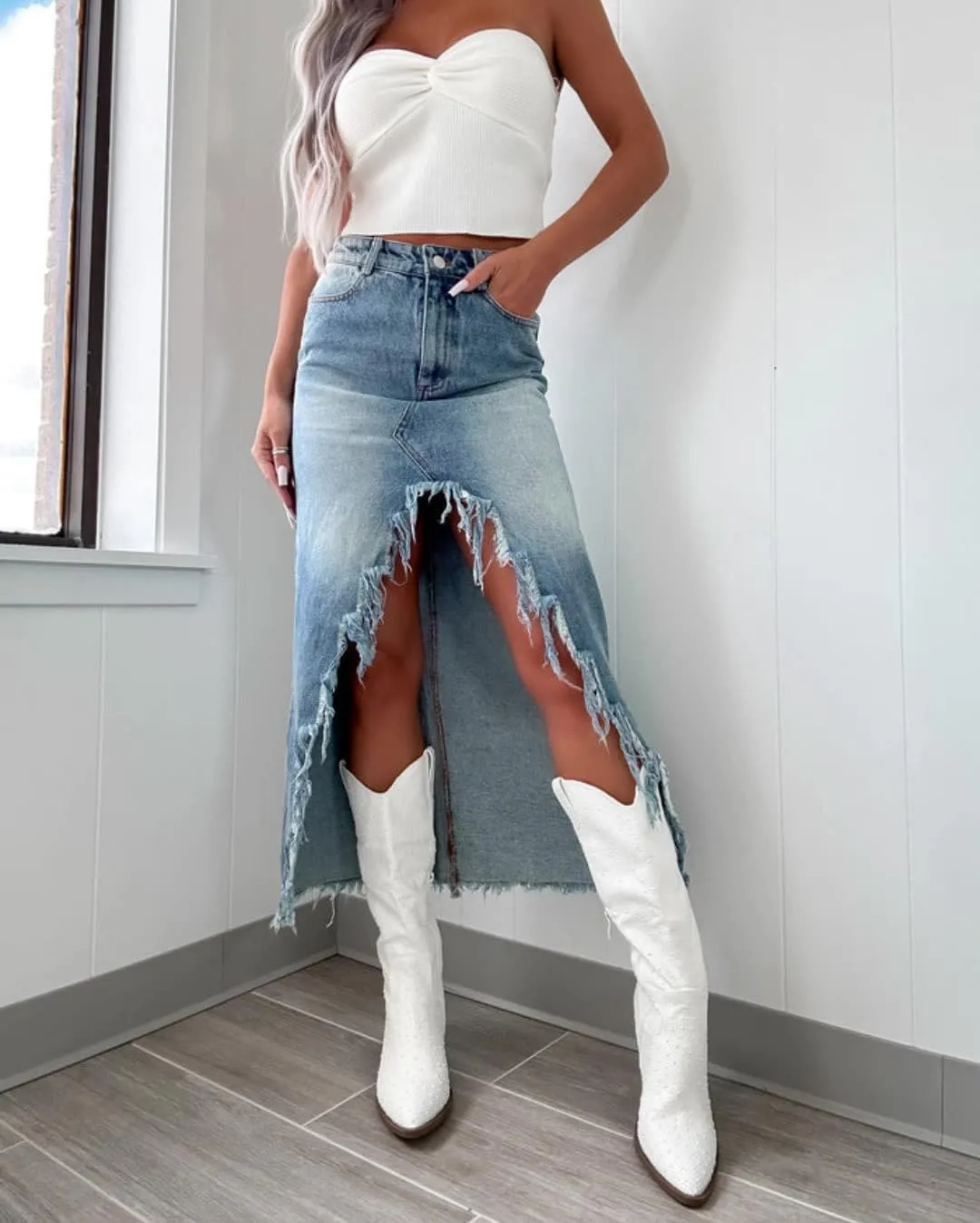 Melliflo Women's Summer Split Denim Frayed Long Skirts High Waisted Bodycon A Line Skirts Trendy Raw Hem Jean Skirts