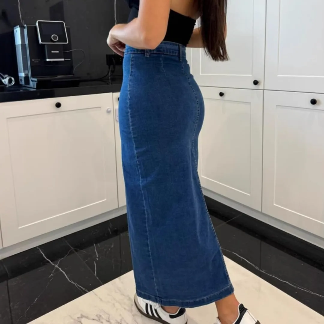 Melliflo Women's Summer Trendy Split Denim Skirts Button Front Bodycon Maxi Skirt High Waisted A Line Long Jean Skirts