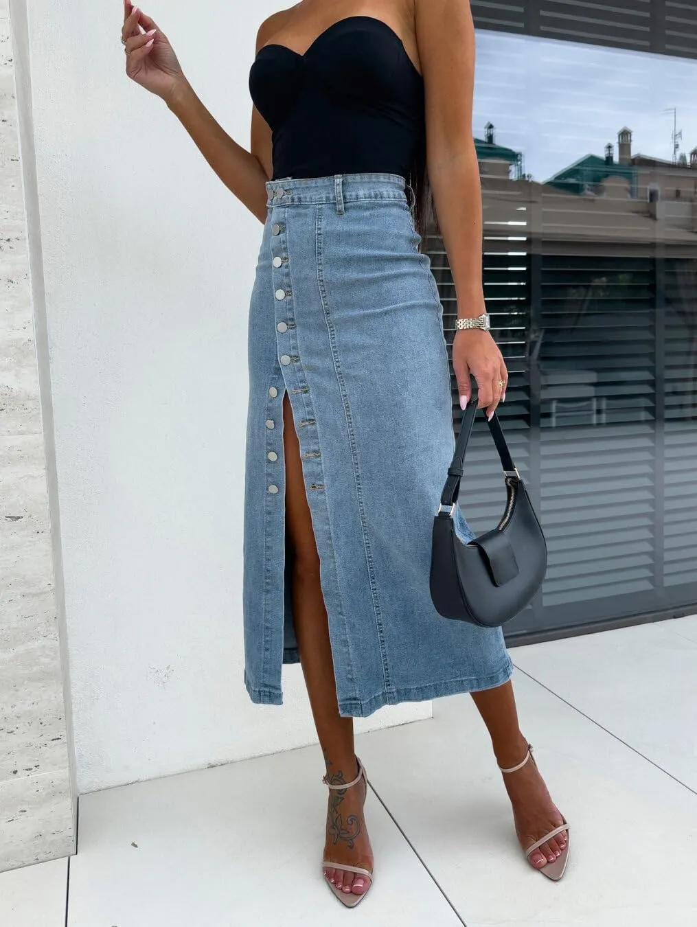 Melliflo Women's Summer Trendy Split Denim Skirts Button Front Bodycon Maxi Skirt High Waisted A Line Long Jean Skirts