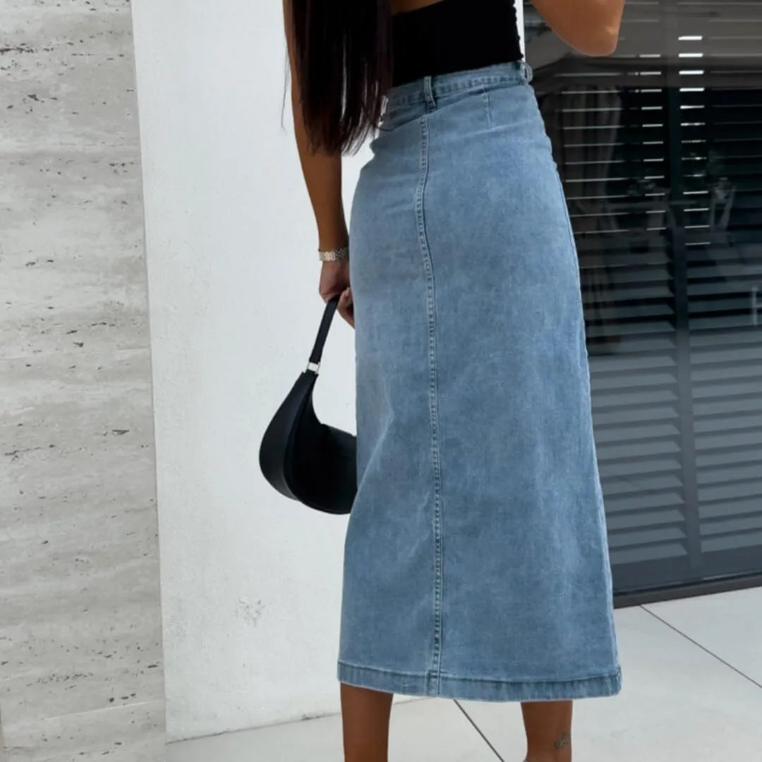 Melliflo Women's Summer Trendy Split Denim Skirts Button Front Bodycon Maxi Skirt High Waisted A Line Long Jean Skirts