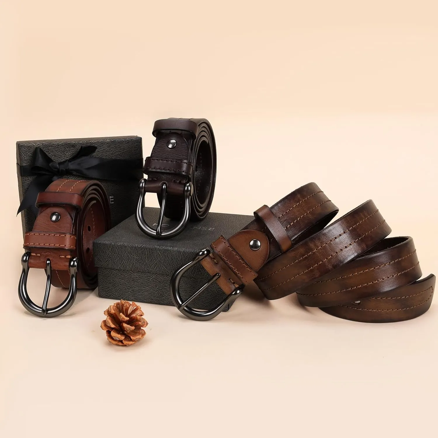 Mens Belts Full Grain Leather Real Italian Material Western Cowboy Belt 1.5 Wide Casual Jean Belt Gift Box Packaging