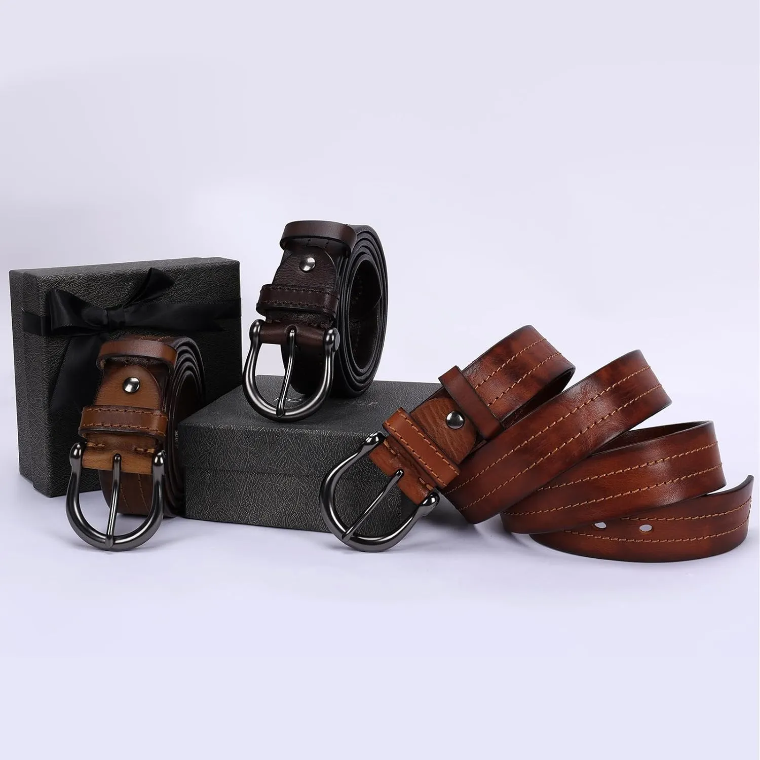 Mens Belts Full Grain Leather Real Italian Material Western Cowboy Belt 1.5 Wide Casual Jean Belt Gift Box Packaging