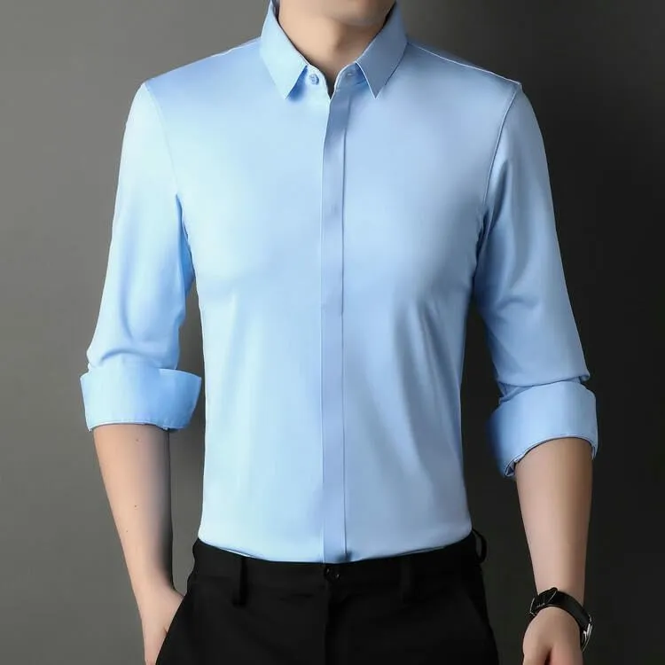 Men's Middle-Aged Long Sleeve Lapel Shirt Casual Solid Color Undershirt Blouse