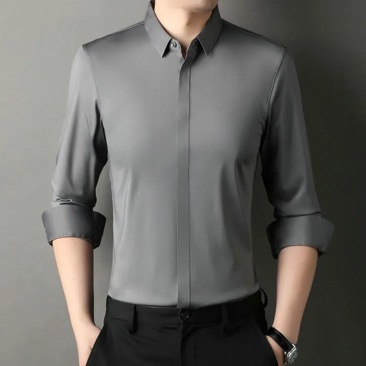 Men's Middle-Aged Long Sleeve Lapel Shirt Casual Solid Color Undershirt Blouse