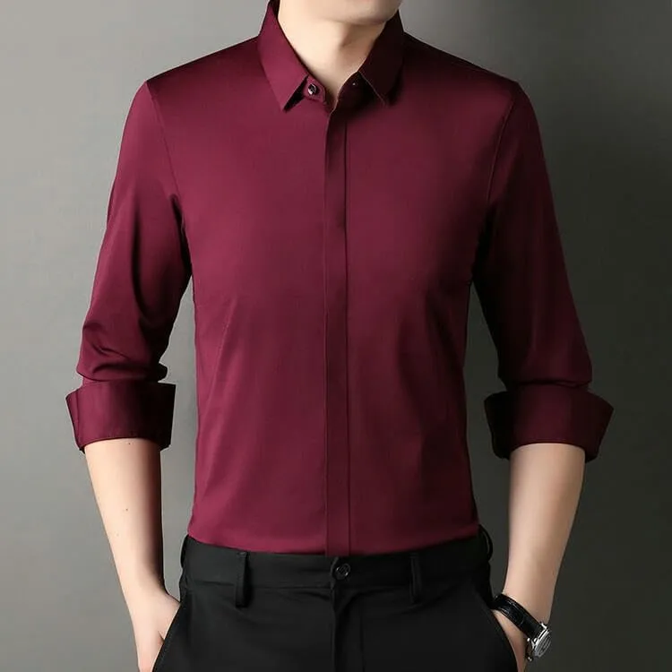 Men's Middle-Aged Long Sleeve Lapel Shirt Casual Solid Color Undershirt Blouse