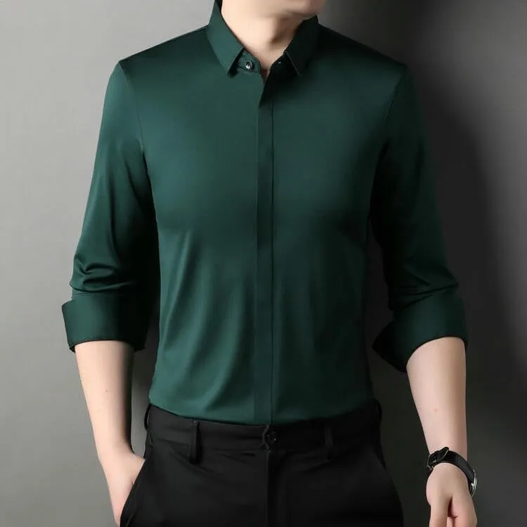 Men's Middle-Aged Long Sleeve Lapel Shirt Casual Solid Color Undershirt Blouse