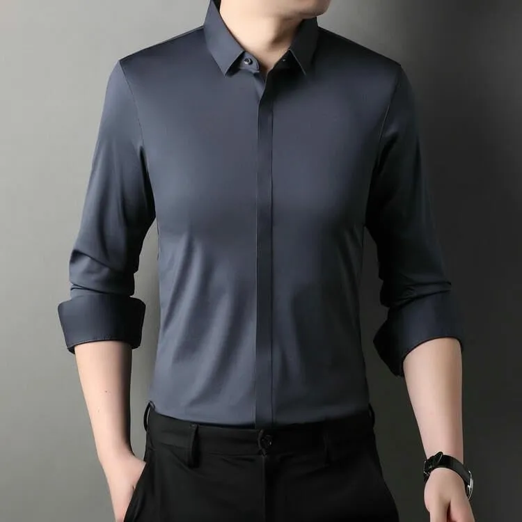 Men's Middle-Aged Long Sleeve Lapel Shirt Casual Solid Color Undershirt Blouse