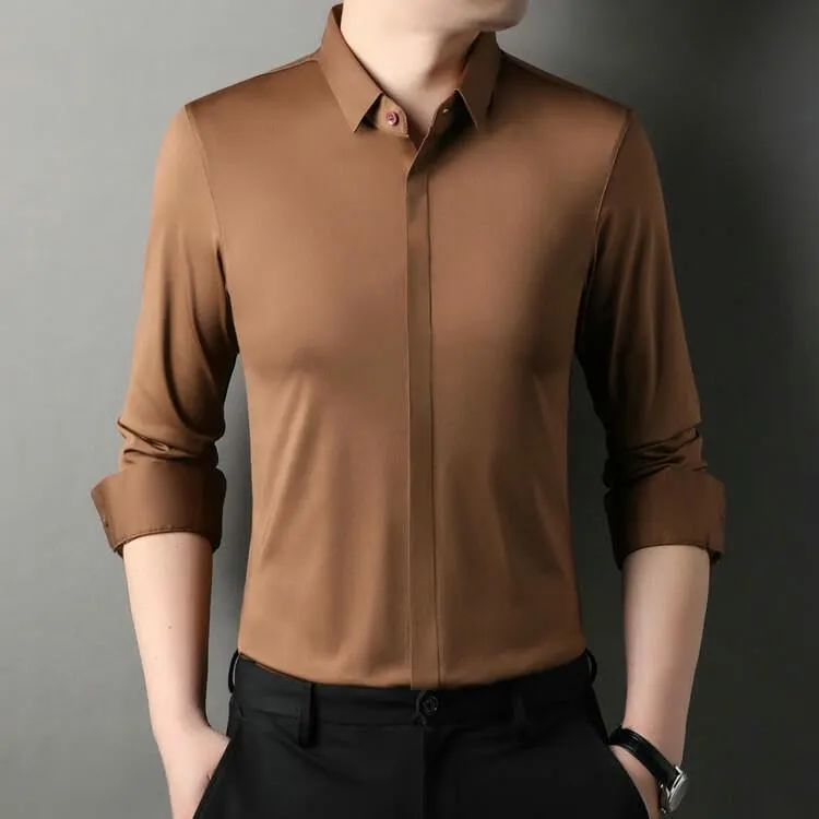 Men's Middle-Aged Long Sleeve Lapel Shirt Casual Solid Color Undershirt Blouse