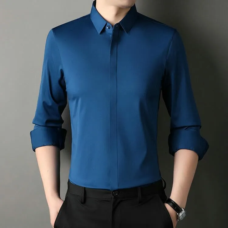 Men's Middle-Aged Long Sleeve Lapel Shirt Casual Solid Color Undershirt Blouse