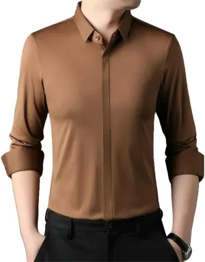Men's Middle-Aged Long Sleeve Lapel Shirt Casual Solid Color Undershirt Blouse
