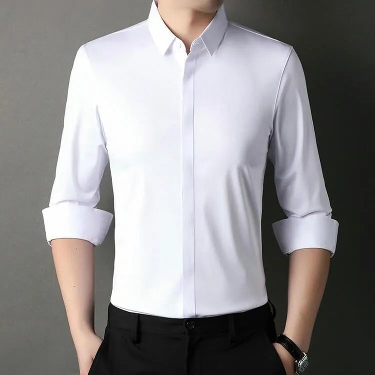 Men's Middle-Aged Long Sleeve Lapel Shirt Casual Solid Color Undershirt Blouse