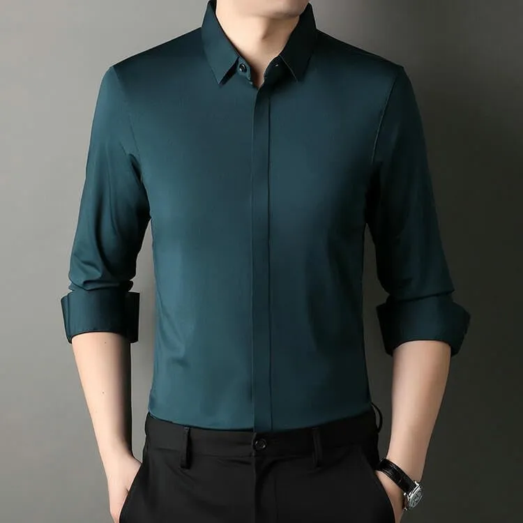 Men's Middle-Aged Long Sleeve Lapel Shirt Casual Solid Color Undershirt Blouse