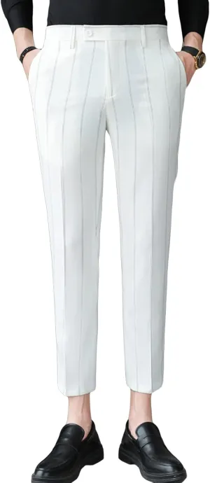 Men's Slim Fit Dress Pants Chinos Plaid Striped Stretch Pant Flat-Front Skinny Business Pencil Long Pants (36,White)