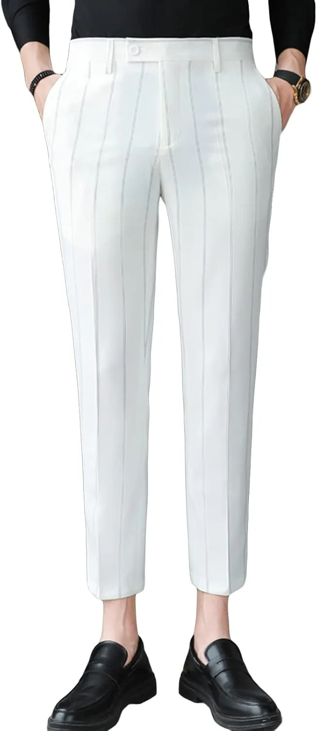 Men's Slim Fit Dress Pants Chinos Plaid Striped Stretch Pant Flat-Front Skinny Business Pencil Long Pants (36,White)
