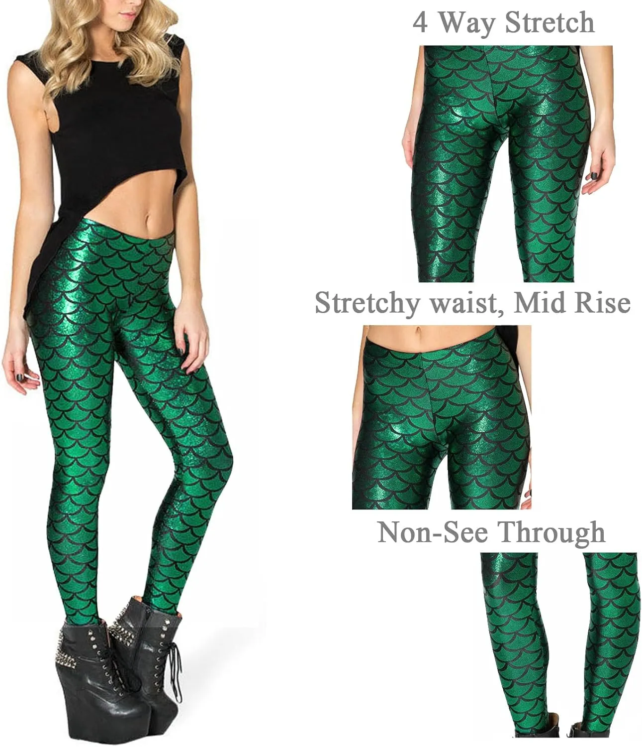 Mermaid Leggings for Women Halloween Shiny Green Fish Scale Legging Pants