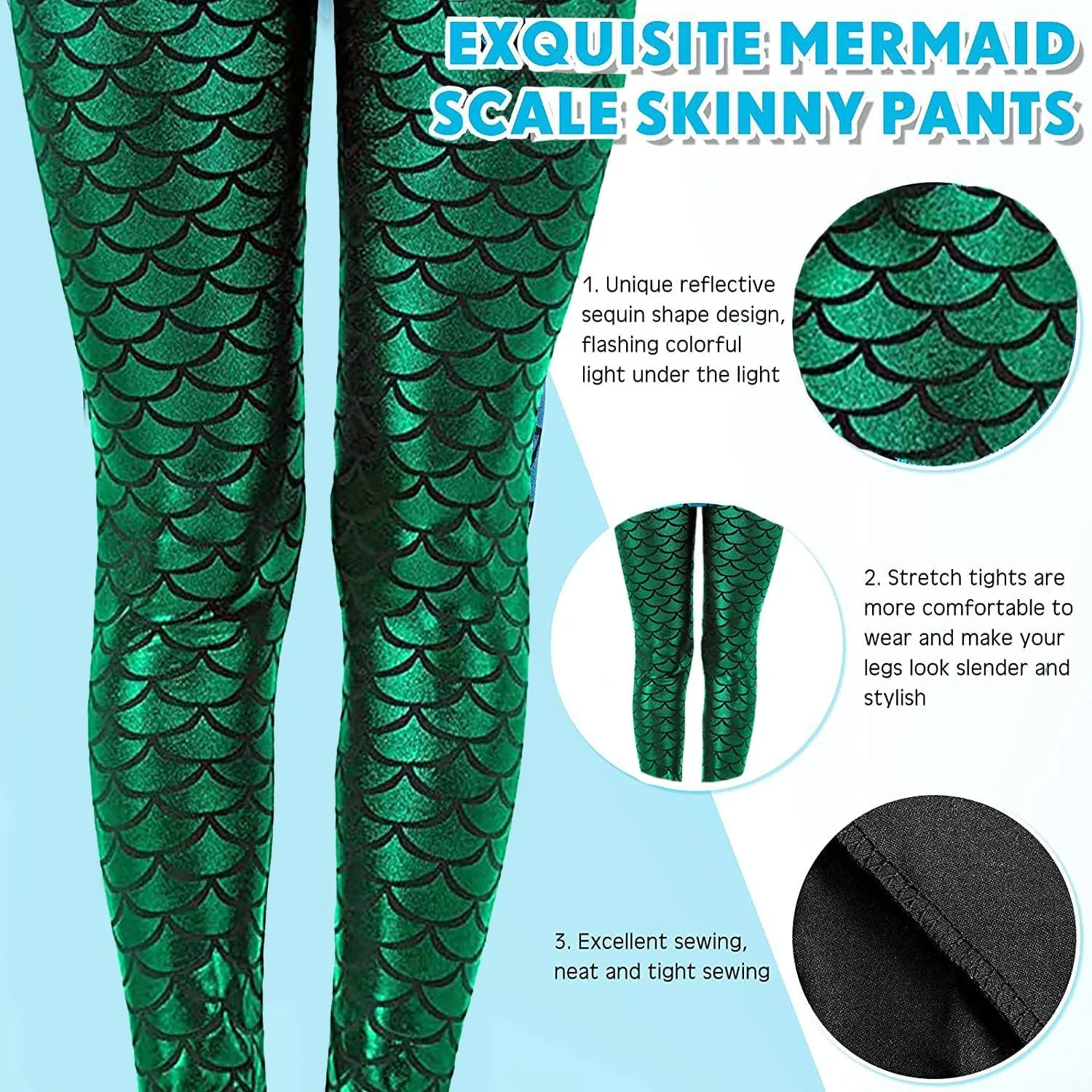 Mermaid Leggings for Women Halloween Shiny Green Fish Scale Legging Pants