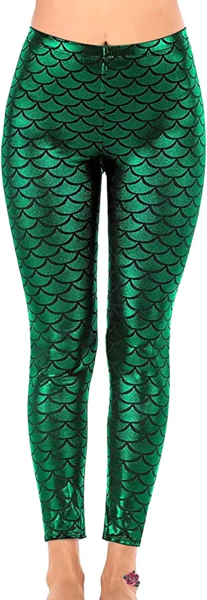 Mermaid Leggings for Women Halloween Shiny Green Fish Scale Legging Pants