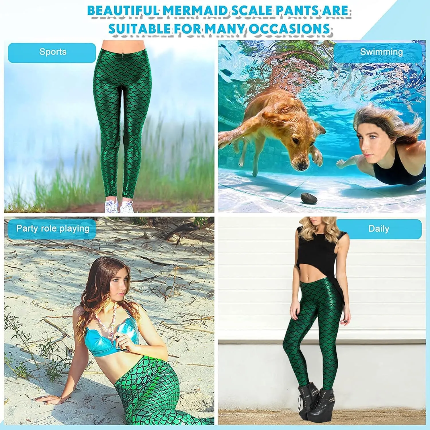 Mermaid Leggings for Women Halloween Shiny Green Fish Scale Legging Pants