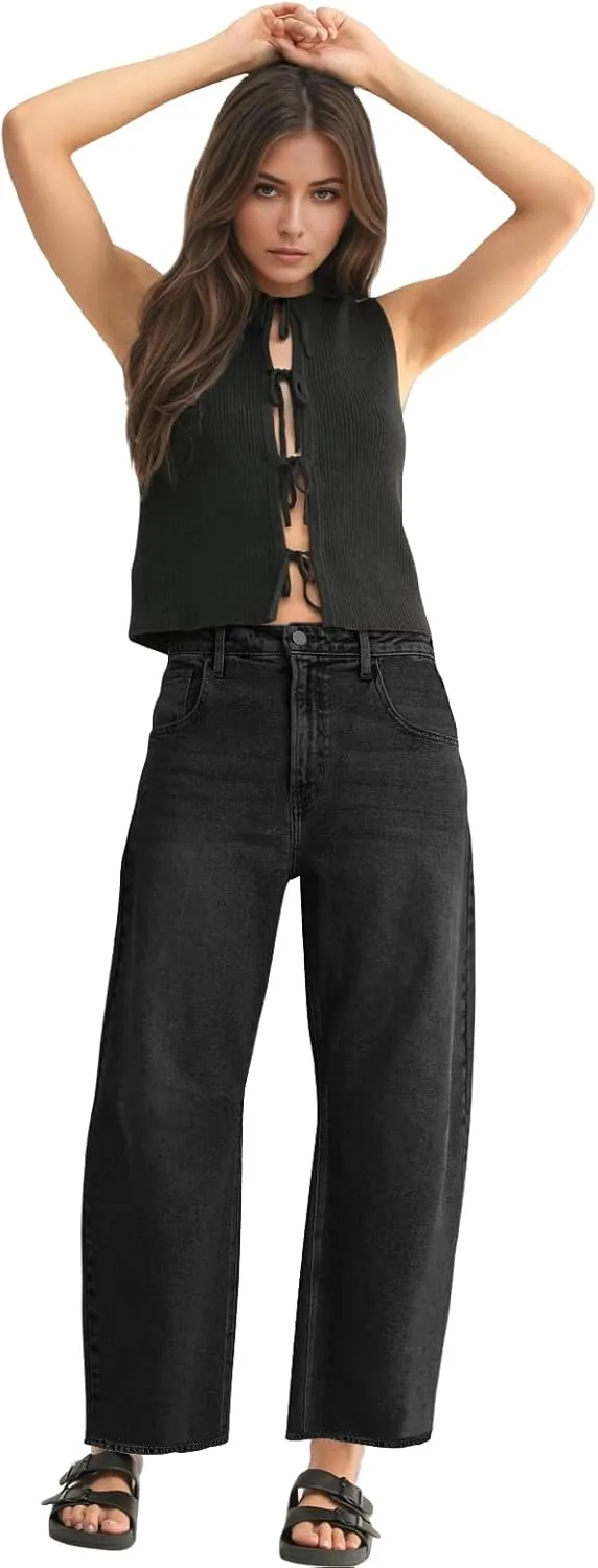 Mid Rise Leopard Print Barrel Jeans for Women Stylish Boyfriend Wide Leg Baggy Denim Pants Trendy Printed Pants