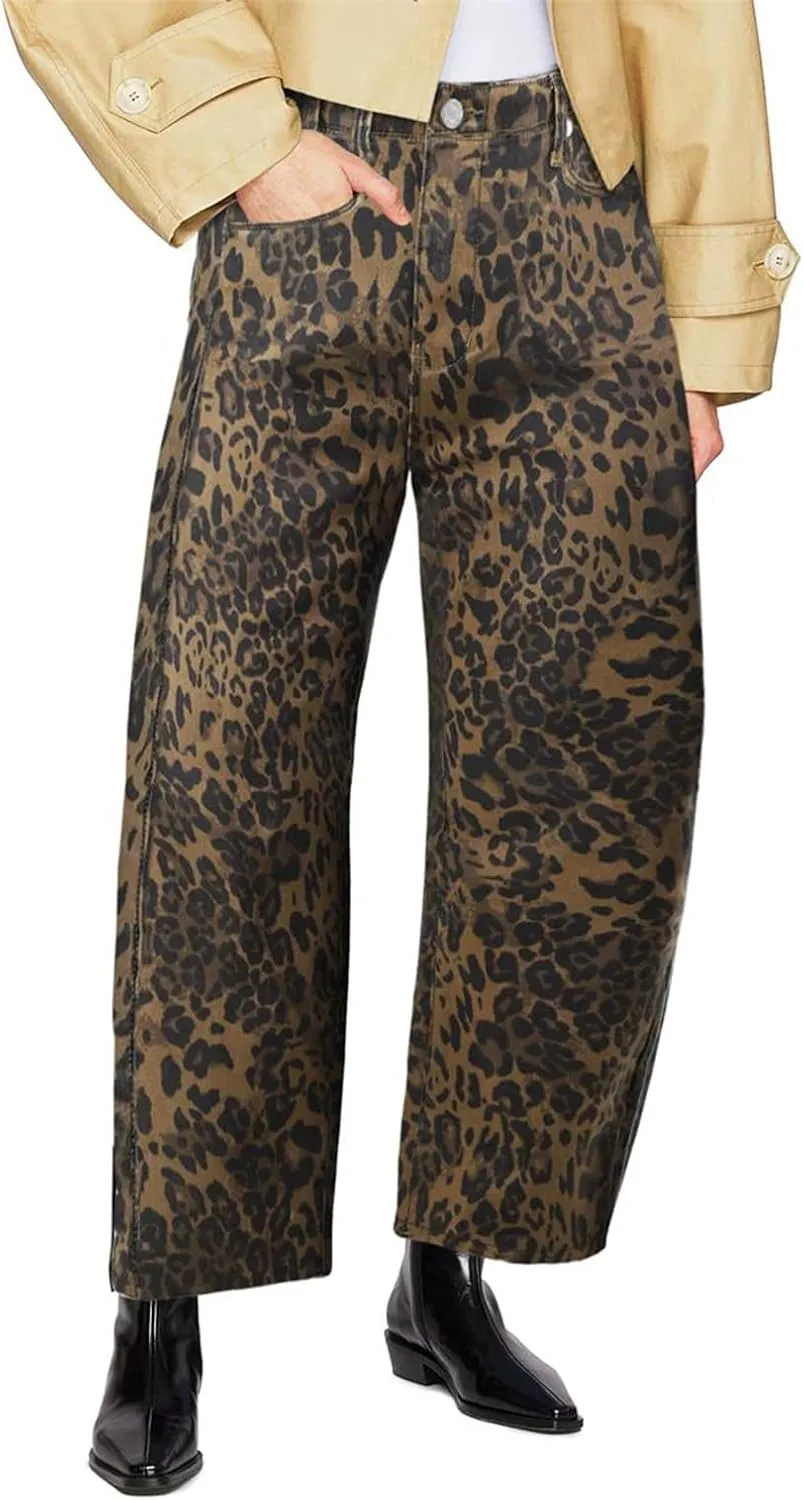 Mid Rise Leopard Print Barrel Jeans for Women Stylish Boyfriend Wide Leg Baggy Denim Pants Trendy Printed Pants