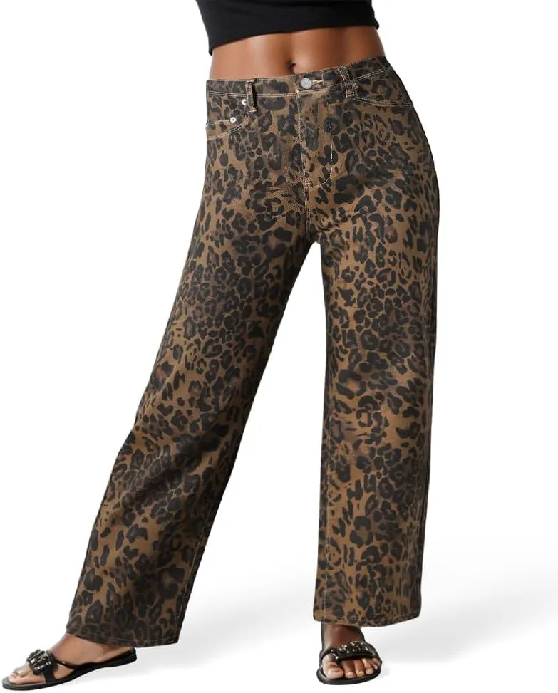 Mid Rise Leopard Print Barrel Jeans for Women Stylish Boyfriend Wide Leg Baggy Denim Pants Trendy Printed Pants
