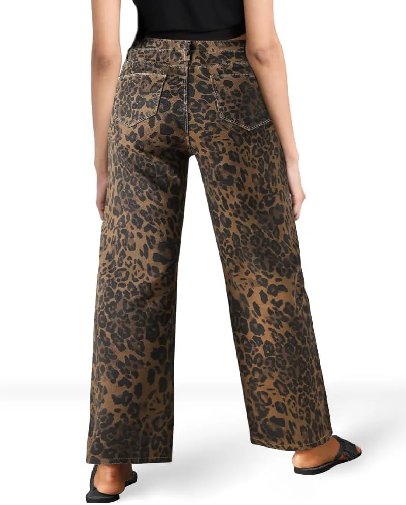 Mid Rise Leopard Print Barrel Jeans for Women Stylish Boyfriend Wide Leg Baggy Denim Pants Trendy Printed Pants