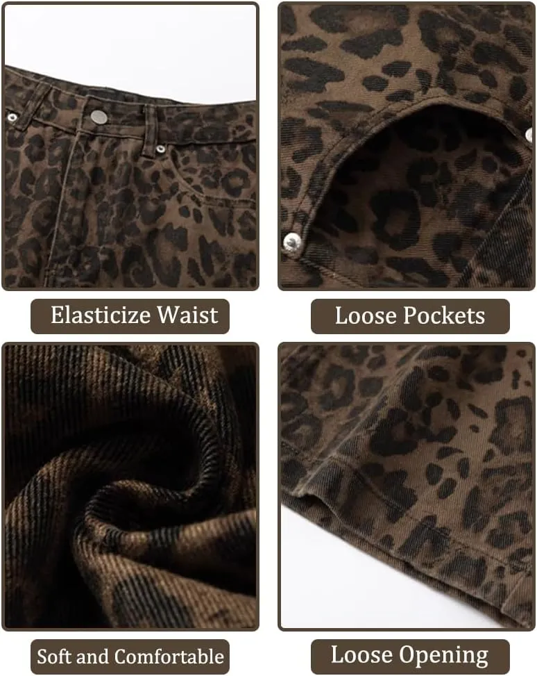 Mid Rise Leopard Print Barrel Jeans for Women Stylish Boyfriend Wide Leg Baggy Denim Pants Trendy Printed Pants