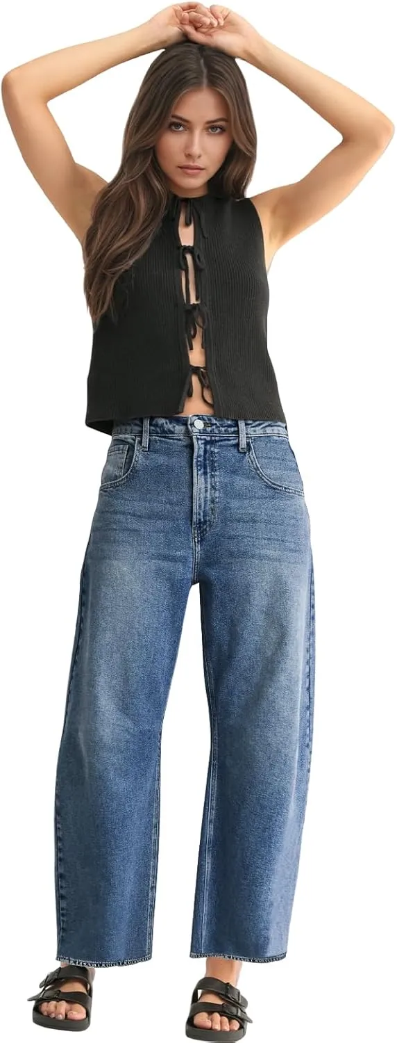 Mid Rise Leopard Print Barrel Jeans for Women Stylish Boyfriend Wide Leg Baggy Denim Pants Trendy Printed Pants