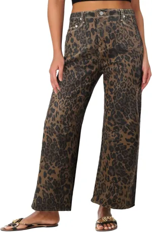 Mid Rise Leopard Print Barrel Jeans for Women Stylish Boyfriend Wide Leg Baggy Denim Pants Trendy Printed Pants
