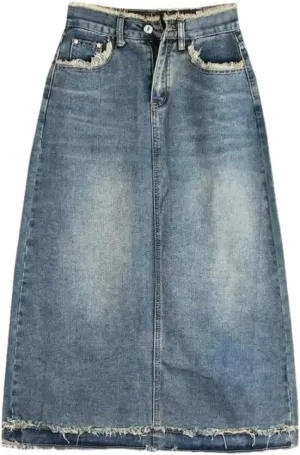 Midi Skirts Women All-Match High Waisted Denim A-Line Casual Skirts