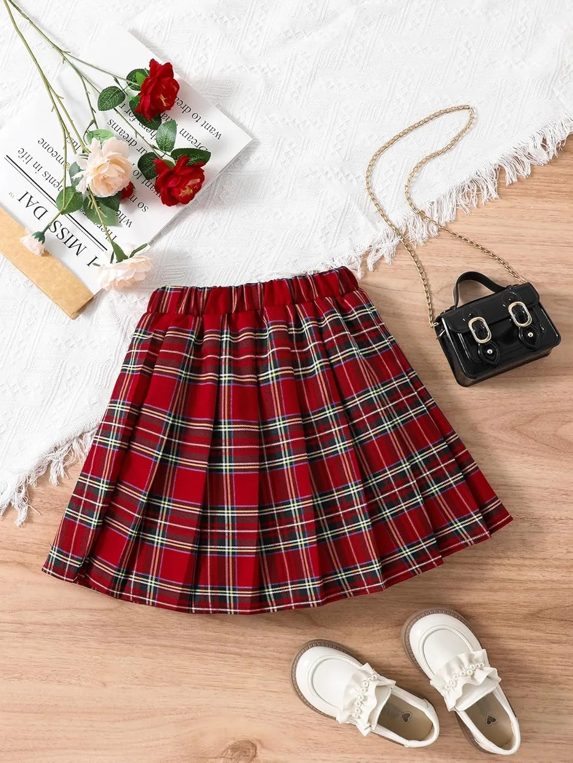 Milumia Girl's Plaid Print Mini Skirt Elastic Waist Pleated A Line Skater Tennis Skirts