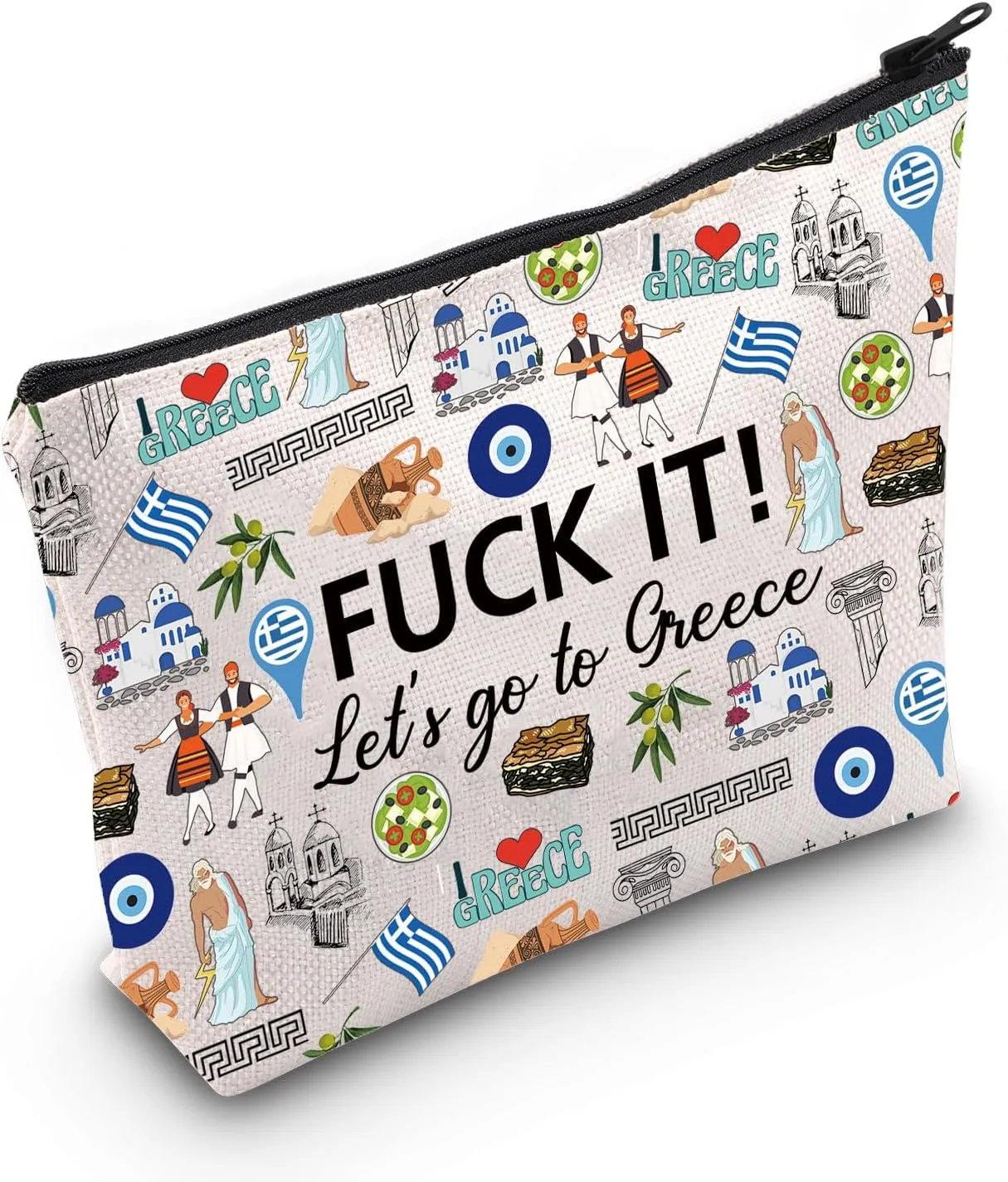 MNIGIU Greece Cosmetic Makeup Bag Greece Travel Gift Greece Travel Pouch Girls Trip to Greece Gift for Her (Go to Greece), Medium