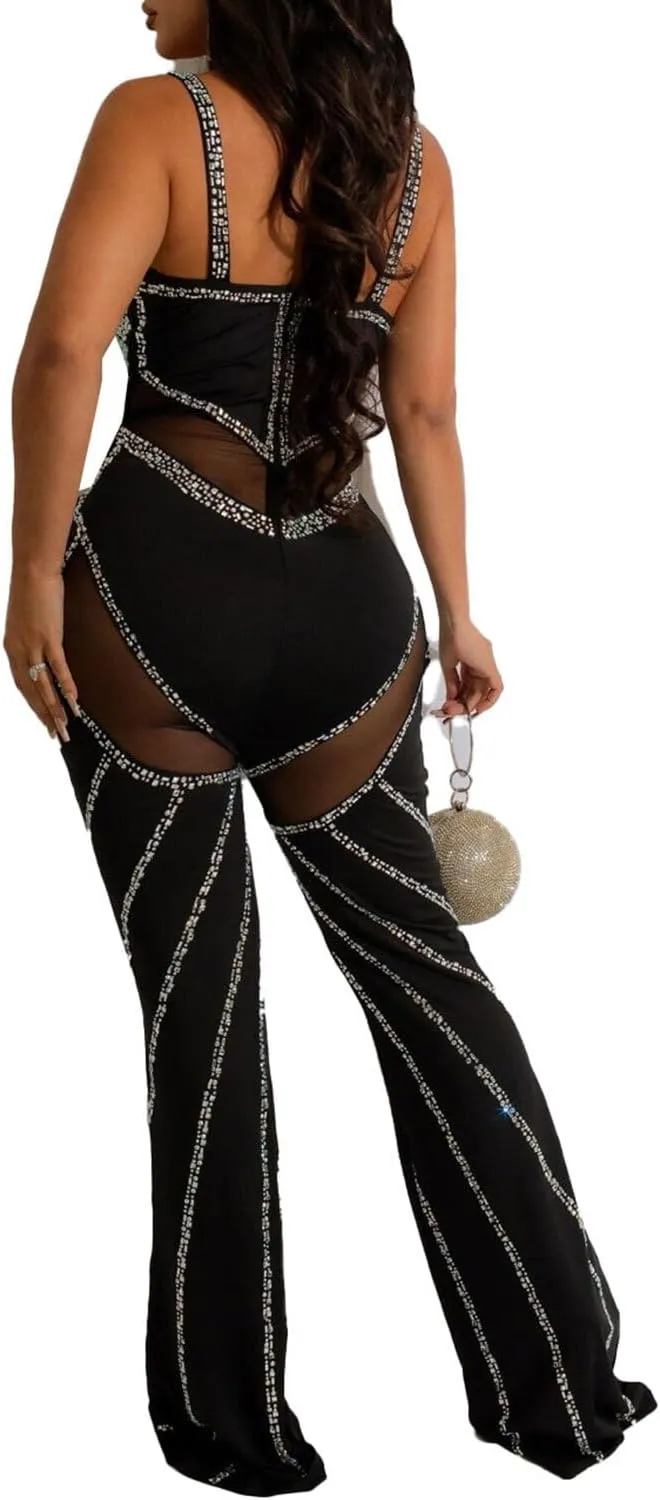 Nagfar Women Rhinestone Sexy Jumpsuit Hot Drilling Romper Birthday Party Evening Club Night Outfits