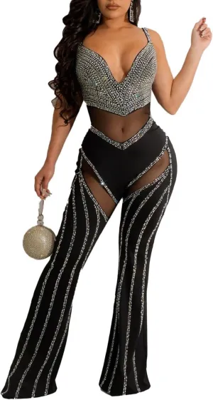 Nagfar Women Rhinestone Sexy Jumpsuit Hot Drilling Romper Birthday Party Evening Club Night Outfits