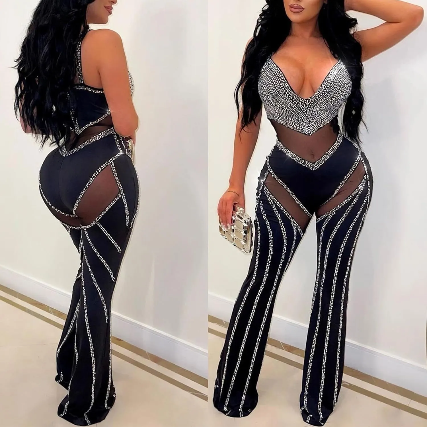 Nagfar Women Rhinestone Sexy Jumpsuit Hot Drilling Romper Birthday Party Evening Club Night Outfits