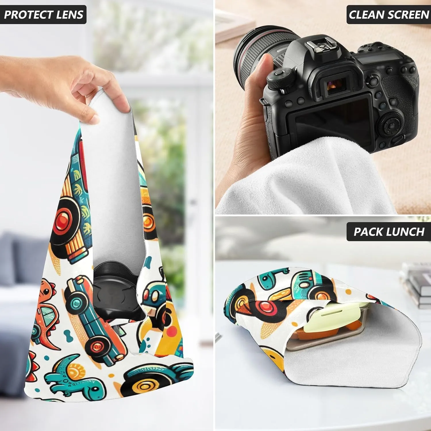 ODAWA Protective Camera Wrap Cute Dino Cars Self Adhesive Cloth 17.7"x17.7" Lightweight Foldable Wrapper for Camera Accessories