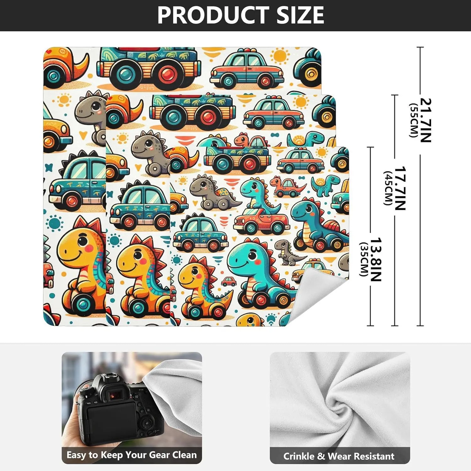 ODAWA Protective Camera Wrap Cute Dino Cars Self Adhesive Cloth 17.7"x17.7" Lightweight Foldable Wrapper for Camera Accessories