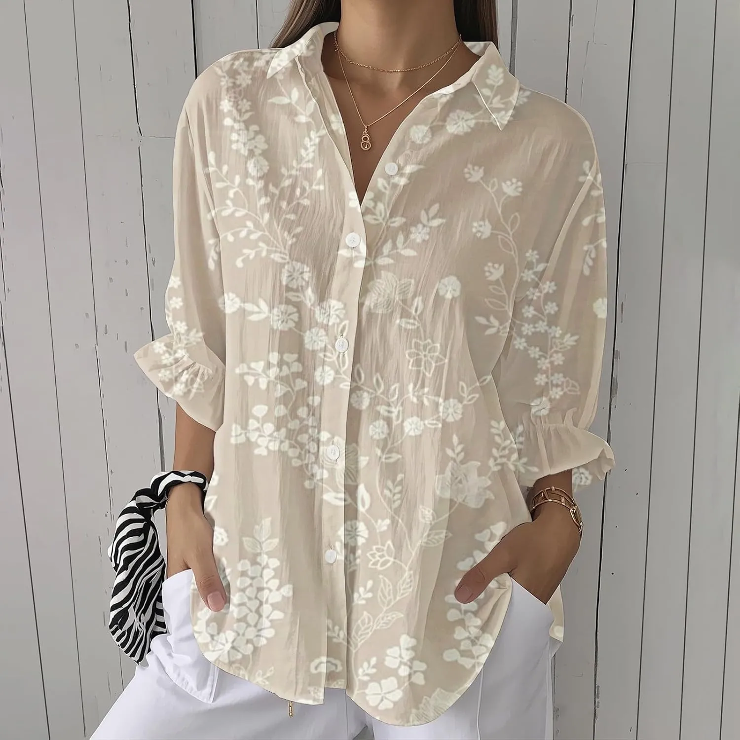 Otime Womens Tops Retro Art Flower Printed Shirt Art Printed Casual Imitation V-Neck 3/4 Length Sleeve Womens Tops