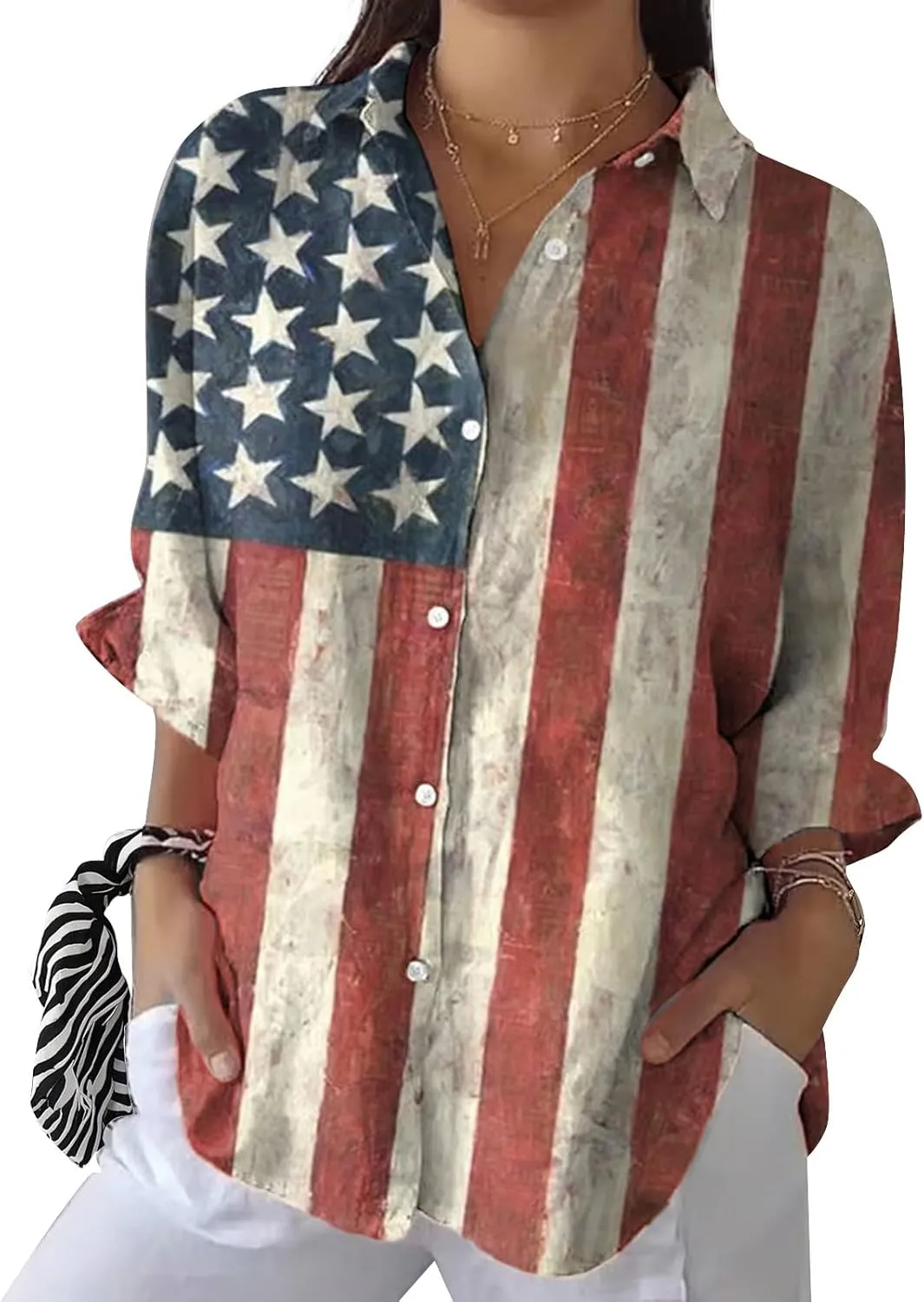 Otime Womens Tops Retro Art Flower Printed Shirt Art Printed Casual Imitation V-Neck 3/4 Length Sleeve Womens Tops