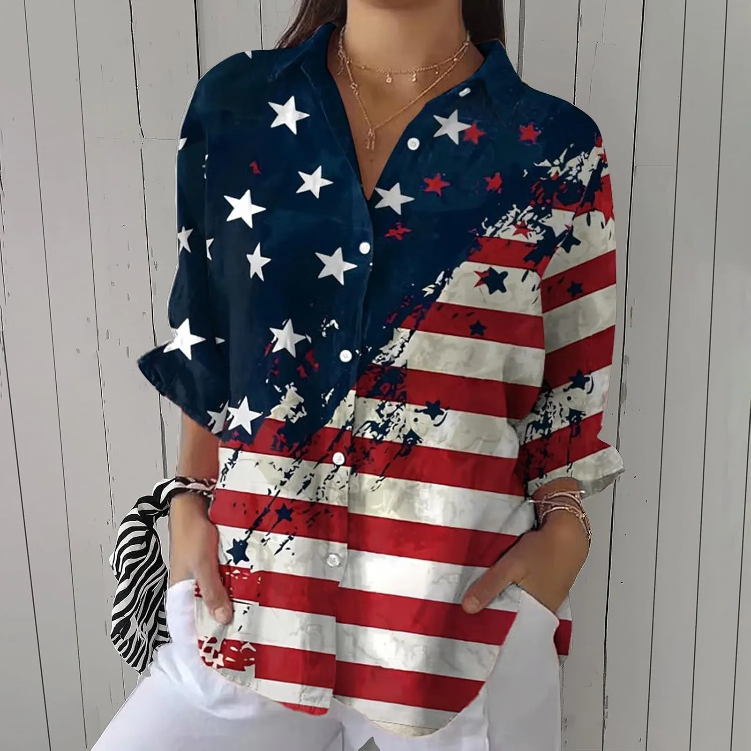 Otime Womens Tops Retro Art Flower Printed Shirt Art Printed Casual Imitation V-Neck 3/4 Length Sleeve Womens Tops