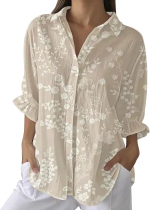 Otime Womens Tops Retro Art Flower Printed Shirt Art Printed Casual Imitation V-Neck 3/4 Length Sleeve Womens Tops