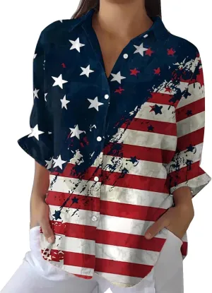 Otime Womens Tops Retro Art Flower Printed Shirt Art Printed Casual Imitation V-Neck 3/4 Length Sleeve Womens Tops