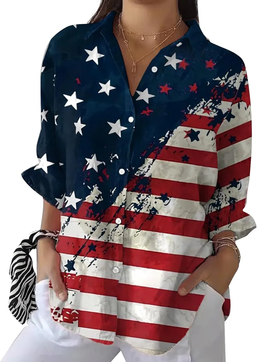 Otime Womens Tops Retro Art Flower Printed Shirt Art Printed Casual Imitation V-Neck 3/4 Length Sleeve Womens Tops