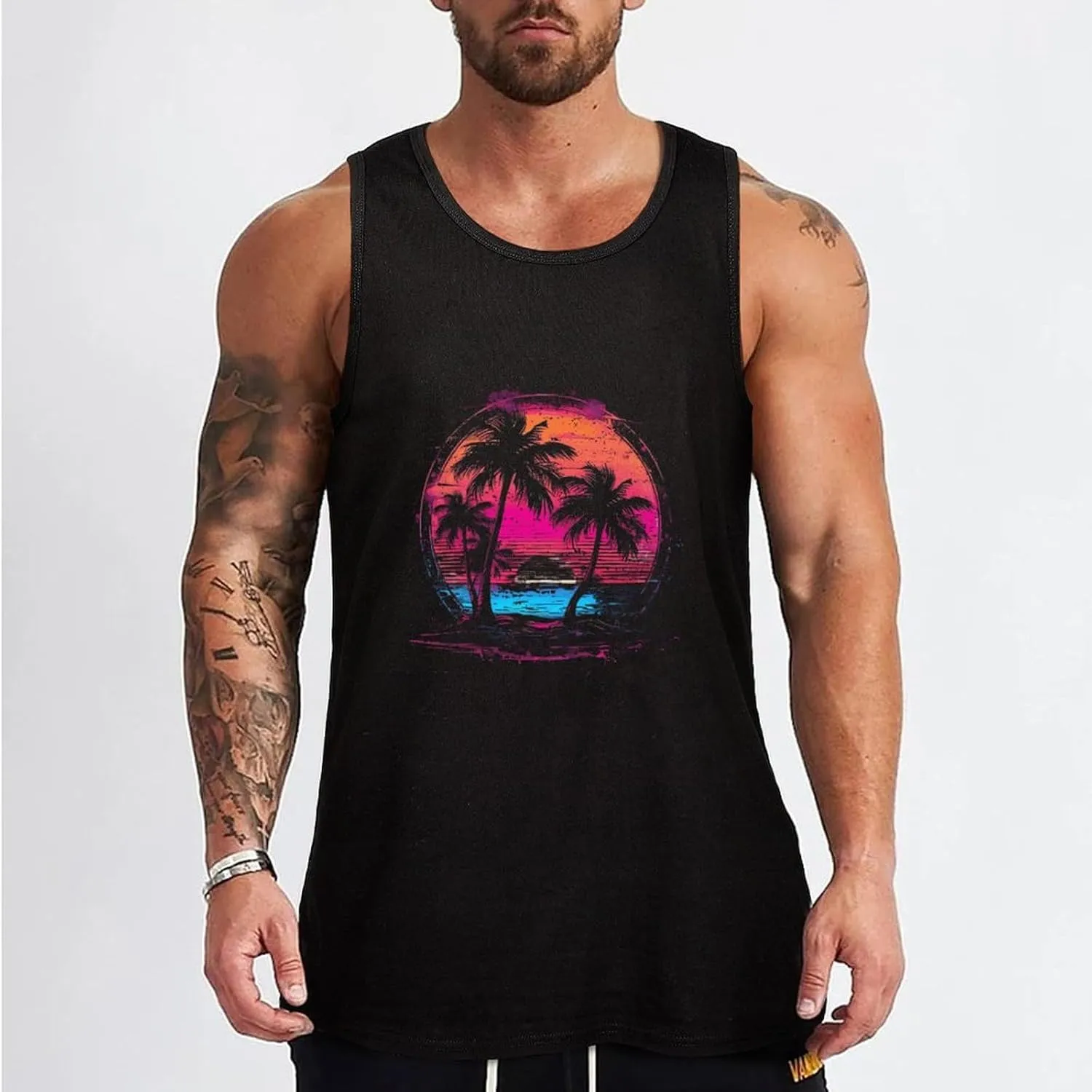 Palm Trees Vintage Sunrise Mens Tank Top Cotton Undershirt Crewneck Sleeveless Shirt for Summer