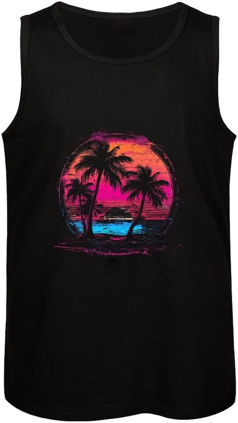 Palm Trees Vintage Sunrise Mens Tank Top Cotton Undershirt Crewneck Sleeveless Shirt for Summer