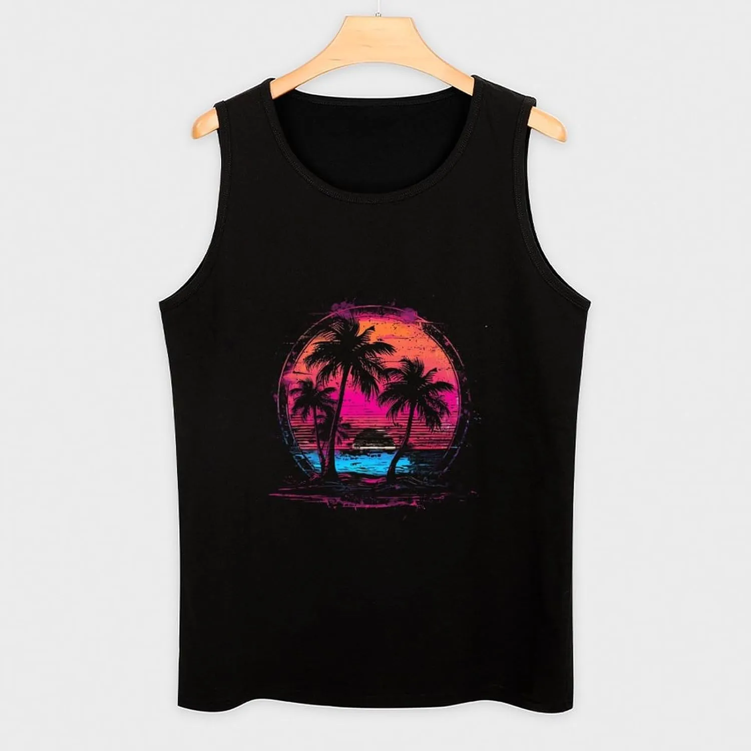 Palm Trees Vintage Sunrise Mens Tank Top Cotton Undershirt Crewneck Sleeveless Shirt for Summer