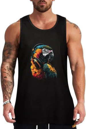 Parrot Music Art Headphones Mens Tank Top Cotton Undershirt Crewneck Sleeveless Shirt for Summer