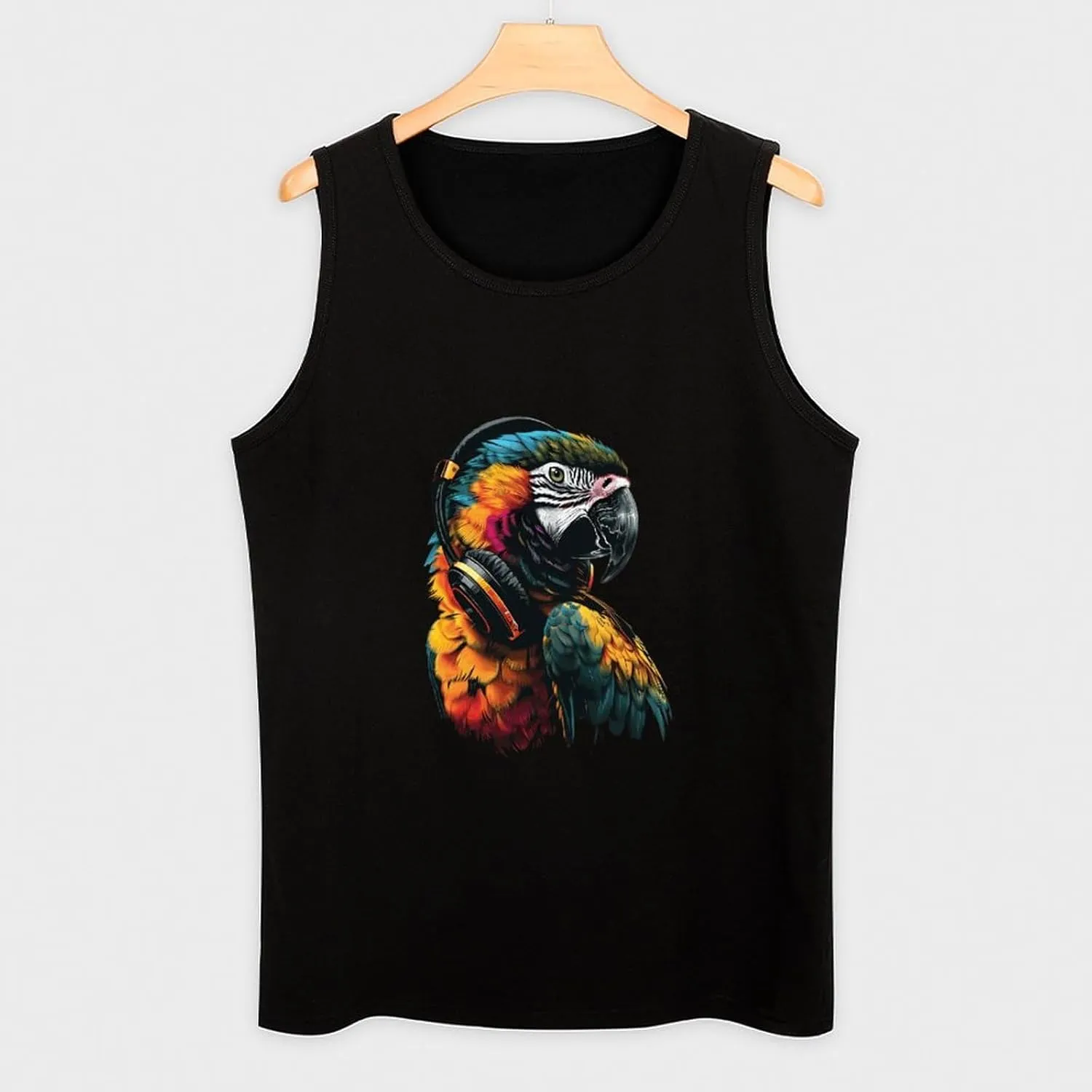 Parrot Music Art Headphones Mens Tank Top Cotton Undershirt Crewneck Sleeveless Shirt for Summer