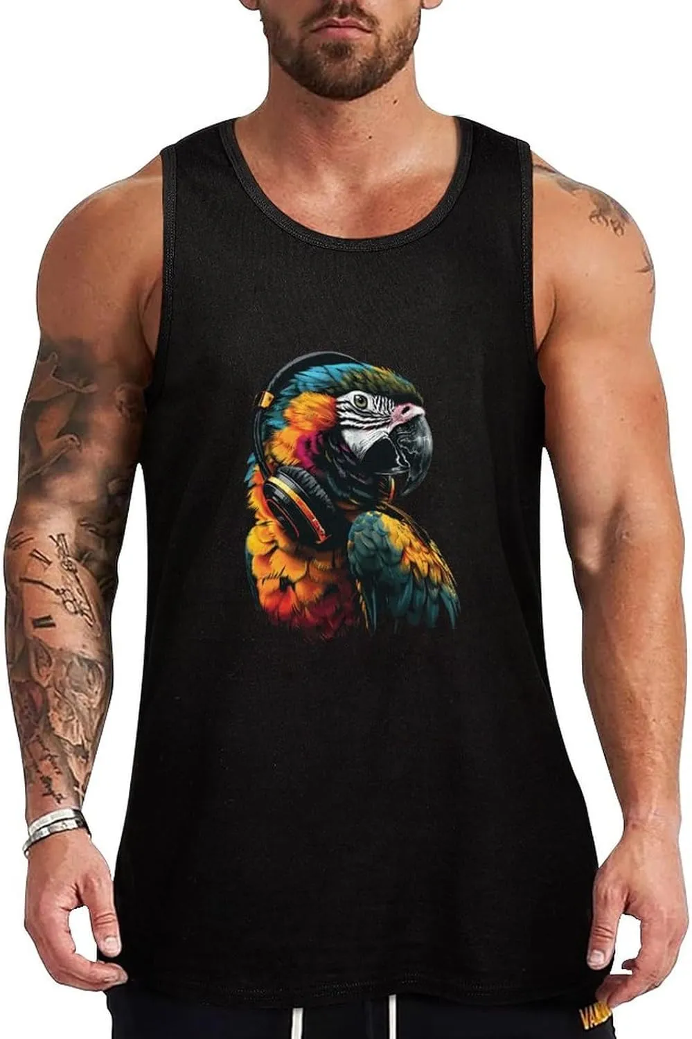 Parrot Music Art Headphones Mens Tank Top Cotton Undershirt Crewneck Sleeveless Shirt for Summer