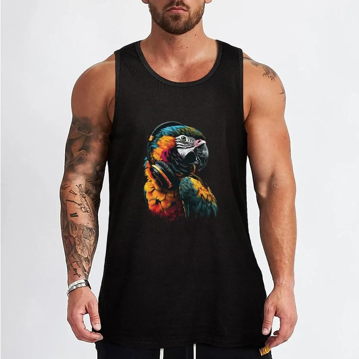 Parrot Music Art Headphones Mens Tank Top Cotton Undershirt Crewneck Sleeveless Shirt for Summer